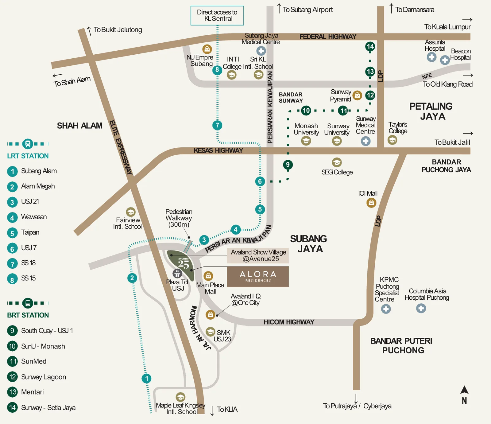 Location map of USJ 25 showing USJ 21 LRT, LDP, ELITE, KESAS, Federal Highway, malls, schools and hospitals nearby